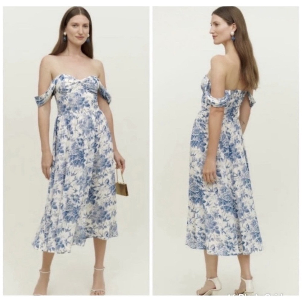 Reformation Blue Floral Off-Shoulder Midi Dress